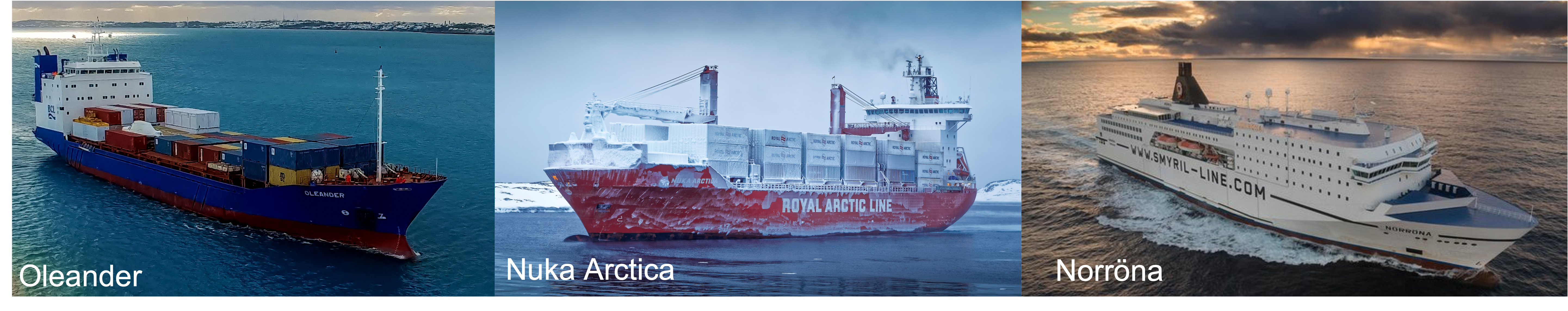 Three vessels (Oleander, Norrona, and Nuka Arctica) are shown which are each equipped with ADCPs.